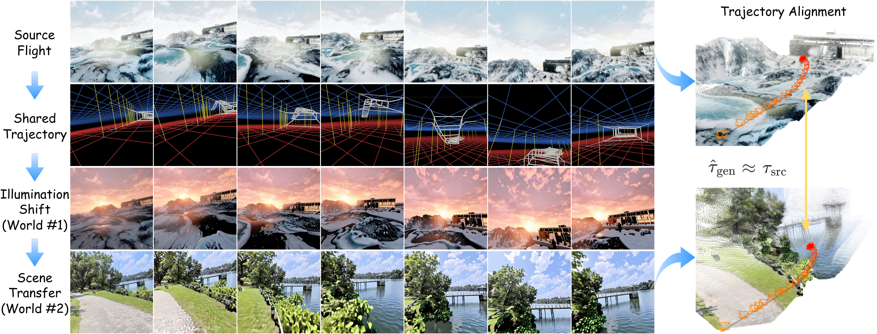 Four rows of synchronized frames from one flight: the source polar-station flight, its FlightGrid trace, the same flight under a sunset sky, and the same flight transferred to a tropical reservoir. At right, the trajectories recovered from the generated videos are aligned to the source trajectory.